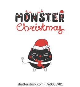 Hand drawn Christmas greeting card with a cute funny little monster in Santa Claus hat, holding candy. Isolated objects on white background. Design concept kids, winter holidays. Vector illustration.