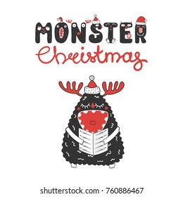 Hand drawn Christmas greeting card with a cute funny monster in Santa Claus hat, singing carols. Isolated objects on white background. Design concept for children, winter holidays. Vector illustration