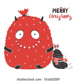Hand drawn Christmas greeting card with cute monsters, big bag with presents, with a steaming mug. Isolated objects on white background. Design concept children, winter holidays. Vector illustration.