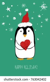 Hand drawn Christmas greeting card with cute penguin in Santa's hat holding red heart.