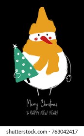 Hand drawn Christmas greeting card with funny snowman holding tree on a black background.