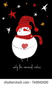 Hand drawn Christmas greeting card with funny smiling snowman holding red heart.