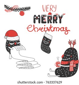 Hand drawn Christmas greeting card with cute monsters in Santa Claus hats, reading a list, with a mug. Isolated objects on white background. Design concept kids, winter holidays. Vector illustration.