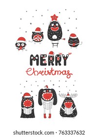 Hand drawn Christmas greeting card with cute monsters, standing on a stool, holding a star, candy, singing carols. Isolated objects on white background. Design concept holidays. Vector illustration.