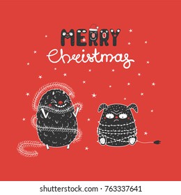 Hand drawn Christmas greeting card with cute funny monsters, tangled in garland, wrapped in tinsel. Isolated objects on white background. Design concept children, winter holidays. Vector illustration.