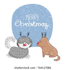 Hand drawn Christmas greeting card with cute cartoon dogs with deer antlers and red noses, typography. Isolated objects on white background. Vector illustration. Design concept kids, winter holidays.
