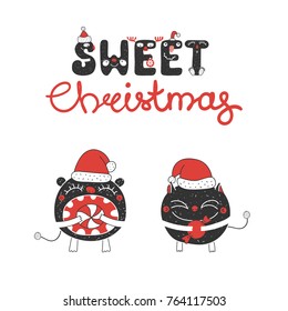 Hand drawn Christmas greeting card with cute funny little monsters in Santa Claus hats, with candy. Isolated objects on white background. Design concept kids, winter holidays. Vector illustration.
