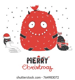 Hand drawn Christmas greeting card with cute monsters, reading a list, bag with presents, with a mug. Isolated objects on white background. Design concept kids, winter holidays. Vector illustration.