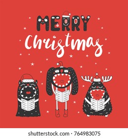 Hand drawn Christmas greeting card with cute funny monsters in Santa Claus hats, singing carols. Isolated objects on white background. Design concept for children, winter holidays. Vector illustration