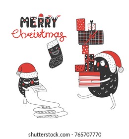 Hand drawn Christmas greeting card with cute funny monsters, reading a list, carrying a lot of presents. Isolated objects on white background. Design concept kids, winter holidays. Vector illustration