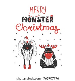 Hand drawn Christmas greeting card with cute funny monsters in Santa Claus hats, singing carols. Isolated objects on white background. Design concept for children, winter holidays. Vector illustration