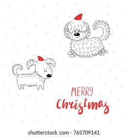 Hand drawn Christmas greeting card with cute funny cartoon dogs in hats, typography. Isolated objects on white background. Vector illustration. Design concept for children, winter holidays.