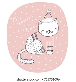 Hand drawn Christmas greeting card with cute funny cartoon cat in a hat and sweater, typography. Isolated objects on white background. Vector illustration. Design concept for kids, winter holidays.