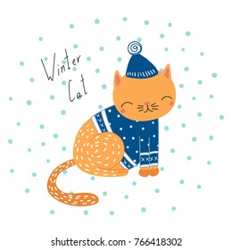 Hand drawn Christmas greeting card with cute funny cartoon cat in a hat and sweater, typography. Isolated objects on white background. Vector illustration. Design concept for kids, winter holidays.