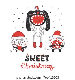 Hand drawn Christmas greeting card with cute funny monsters, singing carols, holding candy. Isolated objects on white background. Design concept for children, winter holidays. Vector illustration.