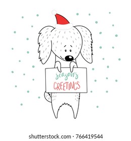 Hand drawn Christmas greeting card with cute funny cartoon dog in a hat, typography. Isolated objects on white background. Vector illustration. Design concept for children, winter holidays.