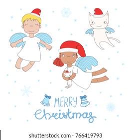 Hand drawn Christmas greeting card with cute cartoon angel girls, cat, in Santa Claus hats. Isolated objects on white background. Vector illustration. Design concept for children, winter holidays.