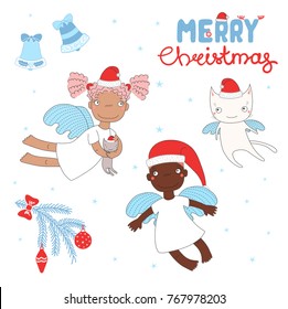 Hand drawn Christmas greeting card with cute cartoon angel girls, cat, in Santa Claus hats. Isolated objects on white background. Vector illustration. Design concept for children, winter holidays.