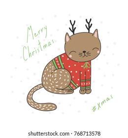 Hand drawn Christmas greeting card with cute funny cartoon cat with deer antlers, sweater, typography. Isolated objects on white background. Vector illustration. Design concept kids, winter holidays.