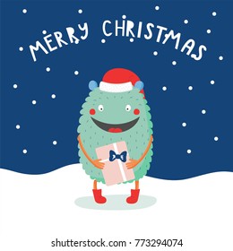 Hand drawn Christmas greeting card with cute funny monster in Santa hat, with a present, in the snow, with typography. Isolated objects. Design concept kids, winter holidays. Flat vector illustration