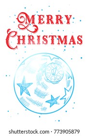 Hand drawn Christmas greeting card. Great print for invitations, posters, tags. Festive banner in drawn cartoon style, modern and classic, vintage illustration. Vector. 