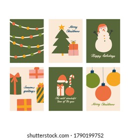 Hand drawn Christmas greeting cards set. Great prints for invitations, posters, tags. Festive banners in flat cartoon style, vintage colors. Merry Christmas. Happy holidays. Season's greetings