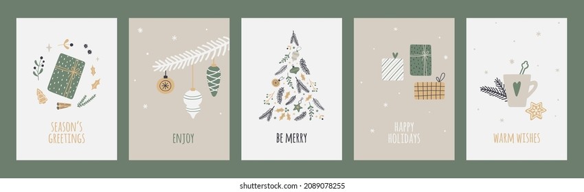 Hand drawn Christmas Greeting Cards set. Minimalist Xmas designs.  Vector templates for seasonal winter holidays.