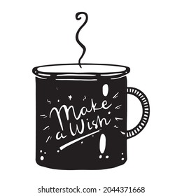 Hand drawn Christmas and Happy new year cup with hot cacao, coffee or tea. Comic funny and cute doodle on white background, vector illustration. Hand drawn lettering.