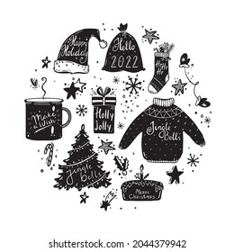 Hand drawn Christmas and Happy new year set. Comic funny and cute doodles on white background, vector illustration. Hand drawn lettering