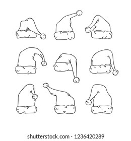 Hand drawn Christmas hat background. Doodle Cartoon drawing. Vector art illustration Santa wear