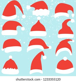 Hand drawn Christmas hat and snow on blue background. Cartoon drawing. Vector art illustration snowfall 