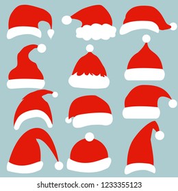 Hand drawn Christmas hat and snow on grey background. Cartoon drawing. Vector art illustration snowfall