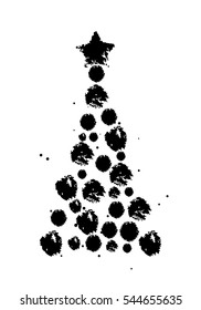 Hand drawn Christmas holiday card. New year fir tree with grunge confetti. Vector.