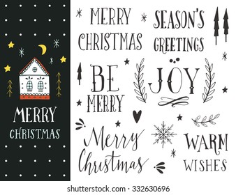 Hand drawn Christmas holiday collection with lettering and decoration elements for greeting cards, stationary, gift tags, scrapbooking, invitations.
