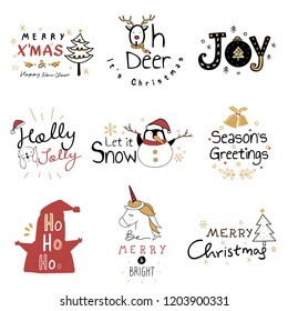 Hand drawn Christmas holiday emblem set