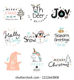 Hand drawn Christmas holiday emblem set