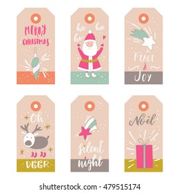 Hand drawn Christmas holiday gift tags collection with calligraphy, hand lettering, decoration elements and doodles. Set of 6 printable labels on white background.