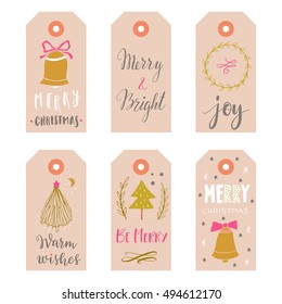 Hand drawn Christmas holiday gift tags collection with calligraphy, hand lettering, decoration elements and doodles. Set of 6 printable labels on white background.