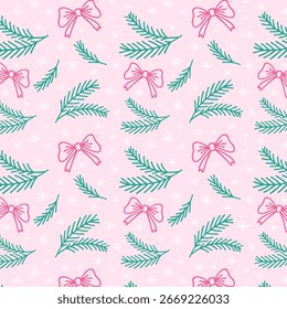 Patrón de vacaciones de Navidades dibujadas a mano. Fondo rosa con abeto, arco y copo de nieve. Lindo papel de embalaje para el diseño de vacaciones. Vector.