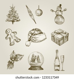 Hand Drawn Christmas holiday Sketches Set. Collection Of Christmas tree, Christmas toys, Snowman, Gingerbread man, Gift box, mistletoe, champagne, snow globe. Christmas vintage Sketches