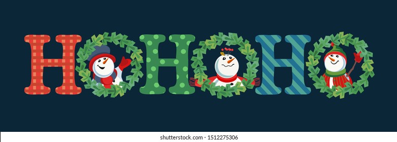 Hand drawn Christmas Holiday vector decoration. Cute winter frosty snoman in xmas tree wreath cartoon. Fun text Ho-Ho-Ho fancy letters. Template for New year season event banner, greeting eve flyer