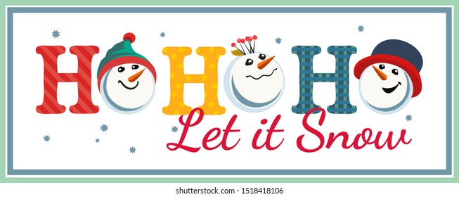 Hand drawn Christmas Holiday vector decoration. Cute winter snow ball frosty snowman cartoon. Fun text Ho-Ho-Ho fancy letters. Template for New year season event banner greeting eve flyer illustration