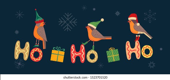 Hand drawn Christmas Holiday vector design element. Cute winter bird in elf, red Santa hat. Fancy letters text Ho-Ho-Ho colorful cartoon. Template for New year season event sticker, greeting eve flyer