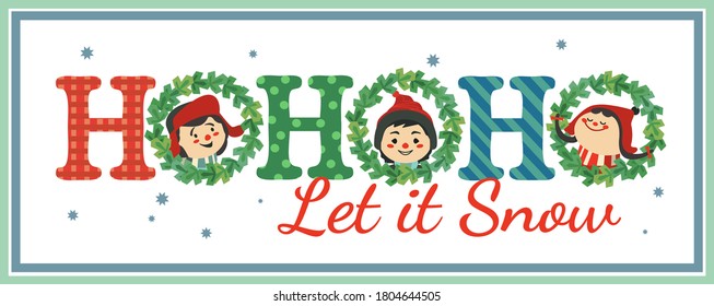 Hand drawn Christmas Holiday vector decoration. Cute happy kids enjoy winter snowing cartoon. Fun text Ho-Ho-Ho fancy letters. Template for New year season event banner greeting eve flyer illustration