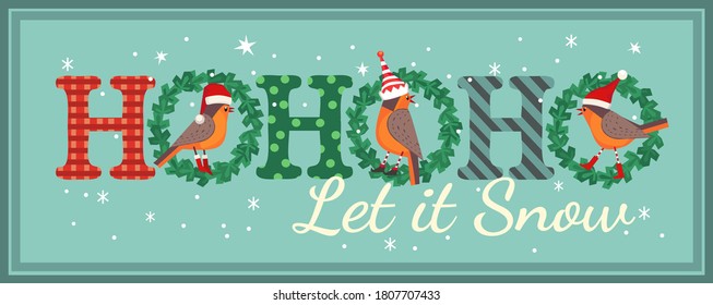 Hand drawn Christmas Holiday vector design element. Cute robin birds in elf, Santa hat. Fancy letters text Ho-Ho-Ho colorful cartoon. Template for New year season event sticker, greeting eve flyer