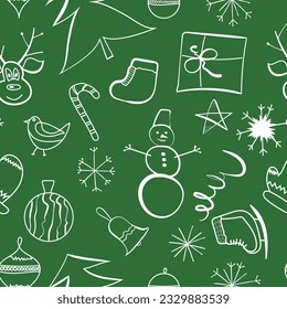 hand drawn Christmas holidays doodles seamless pattern green