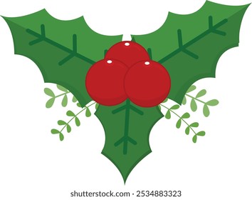 Hand Drawn Christmas Holly Berries Plant, Mistletoe With Small Plant Behind For Decoration Flat Illustration