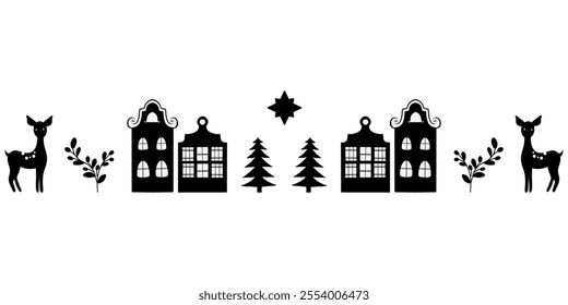 Hand drawn christmas horizontal border silhouette, houses, deers, christmas trees, holly berry