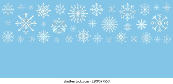 Hand Drawn Christmas Horizontal Snowflake Border. New Year White Ice Crystal Header Or Banner. Abstract Doodle Drawing Winter Symbol. Christmas Background