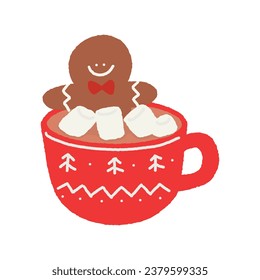 Hand drawn Christmas Hot Cocoa Mug with gingerbread and marshmallow